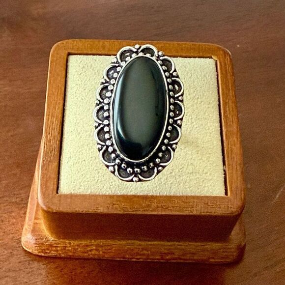Unique Oval Black Onyx Solitaire 925 Sterling Silver Ring Natural Simple Sz 7 - Picture 1 of 6